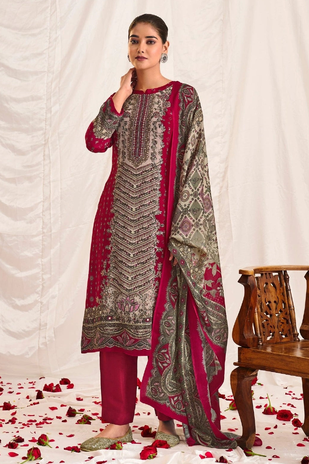 Rani Pink Digital Printed Natural Crepe Salwar Kameez Set with Handwork and Chinon Dupatta