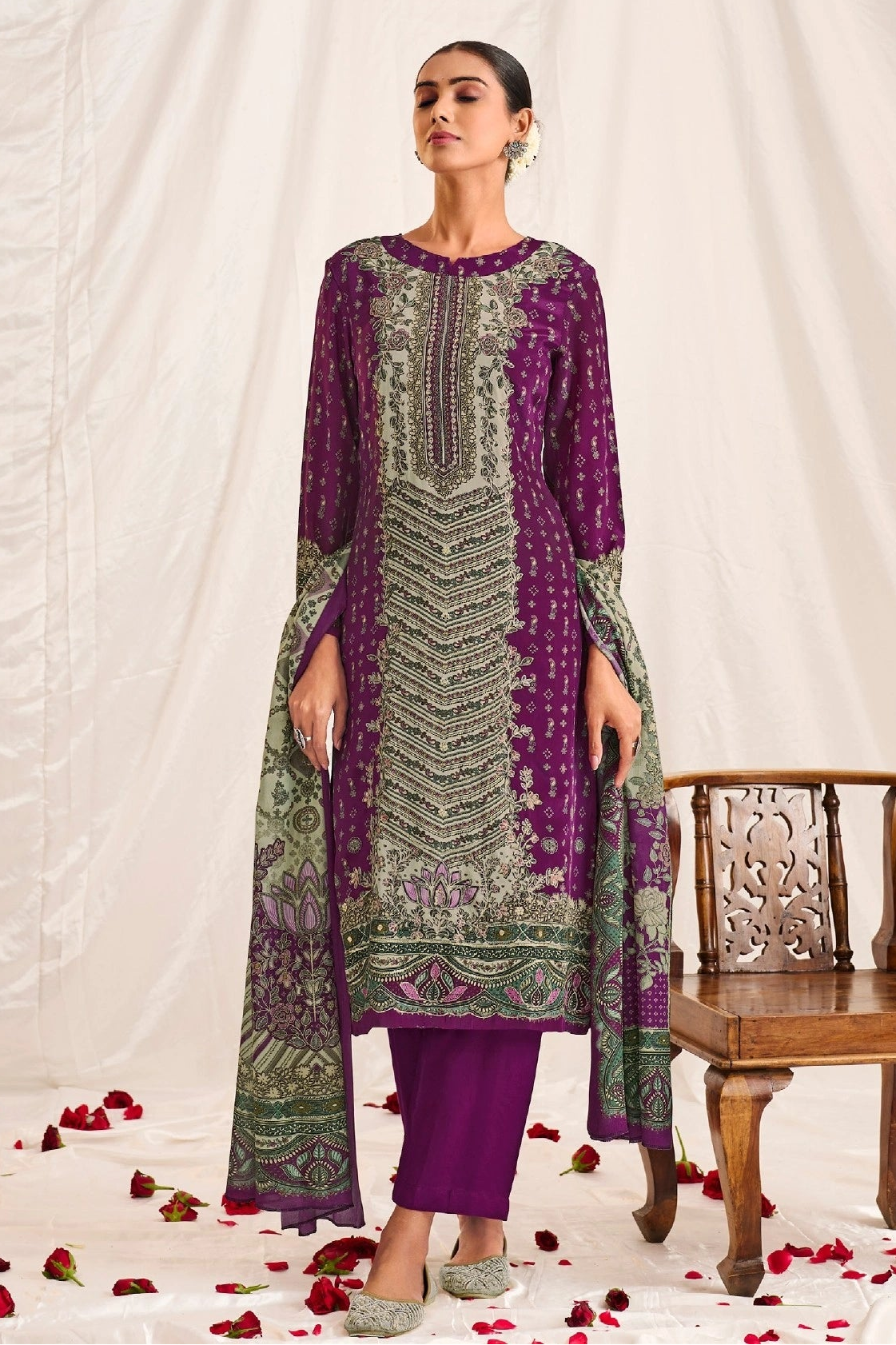 Simar Jannat Royal Purple Digital Printed Natural Crepe Salwar Kameez Set with Handwork and Chinon Dupatta