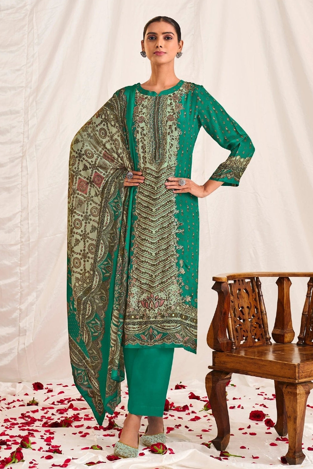 Simar Jannat Teal Green Digital Printed Natural Crepe Salwar Kameez Set with Handwork and Chinon Dupatta