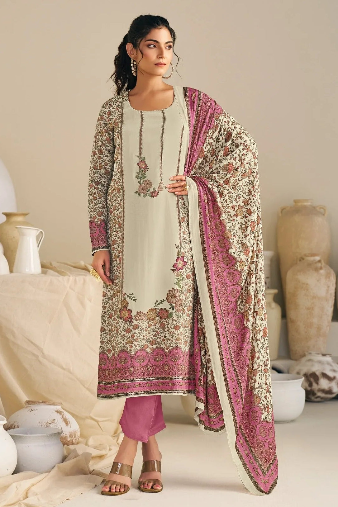 Simar Fenna Ivory Pink Floral Salwar Suit Set With Printed Dupatta