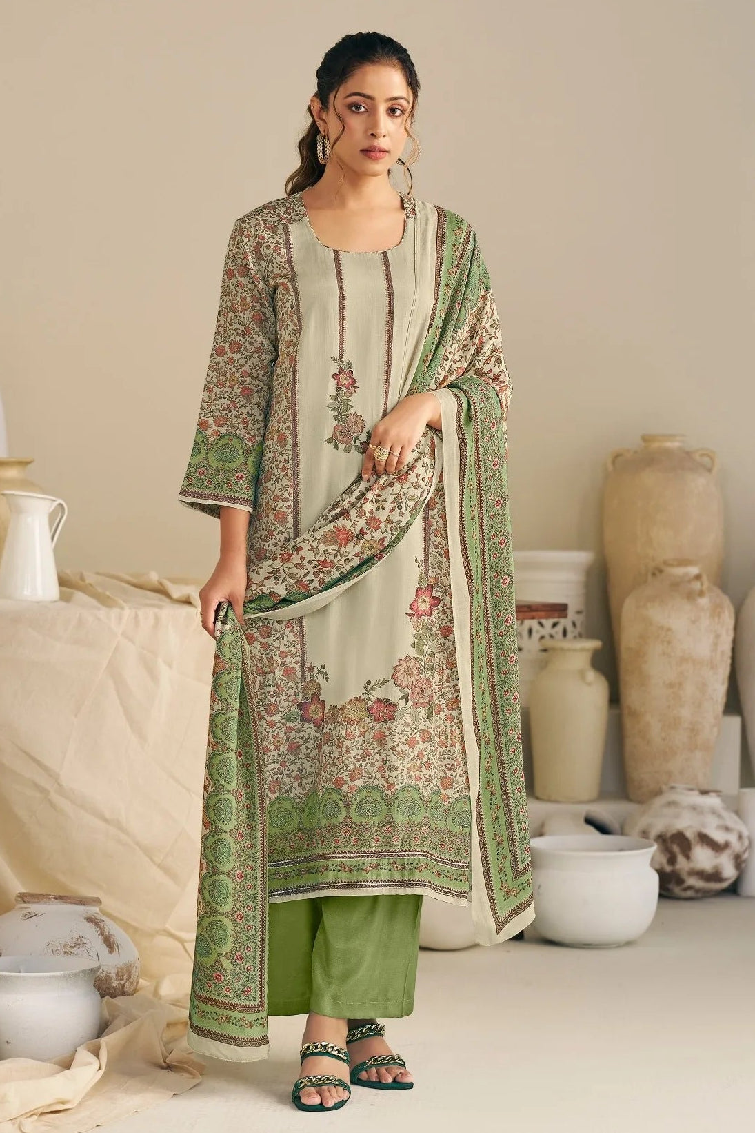 Simar Fenna Sage Green Floral Viscose Mal Salwar Suit Set With Printed Dupatta