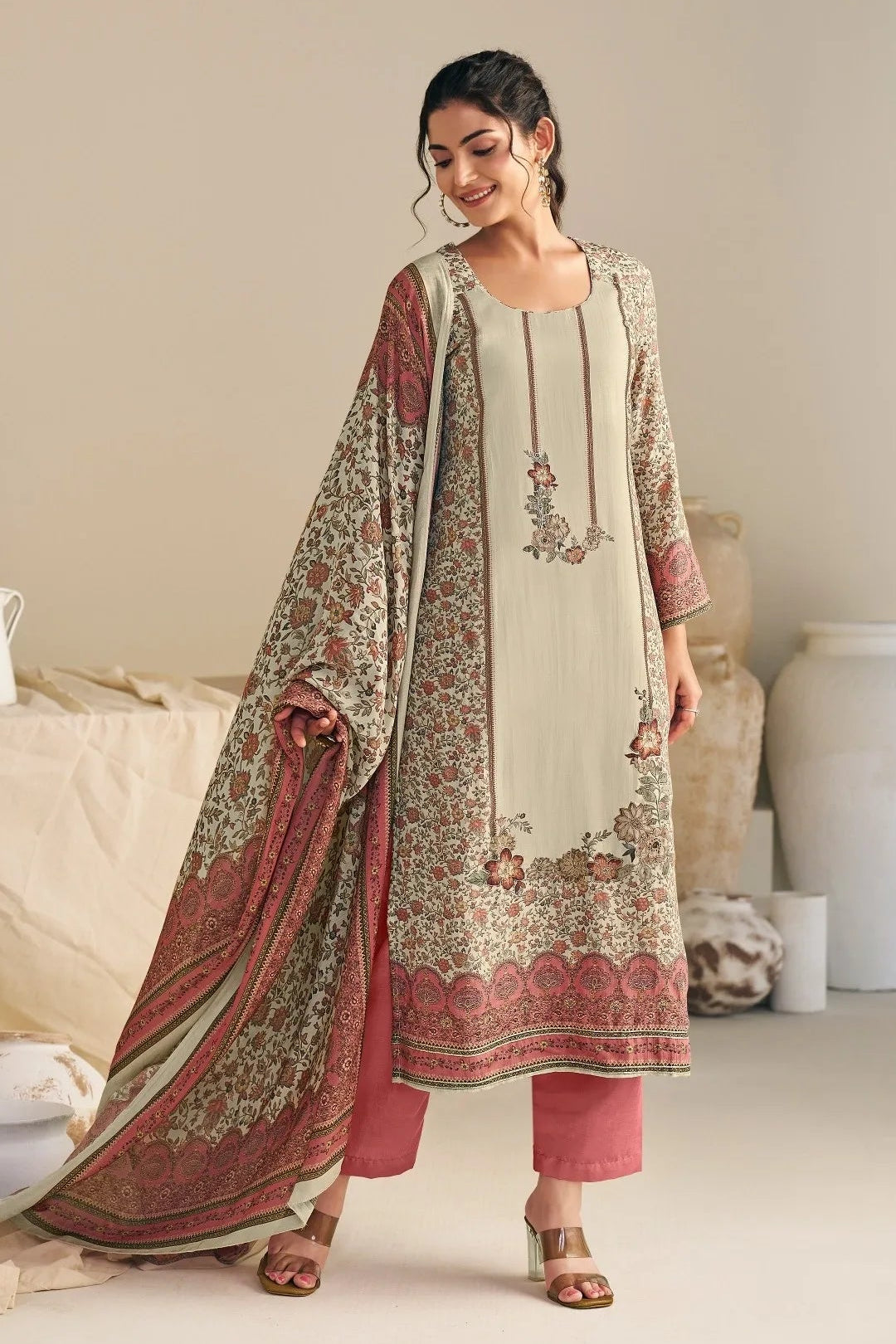 Rose Pink Floral Viscose Mal Salwar Suit Set With Printed Dupatta