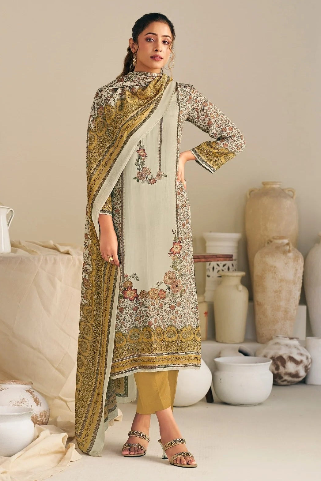 Simar Fenna Mustard Gold Floral Viscose Salwar Suit Set With Printed Dupatta