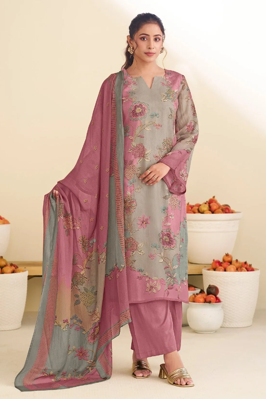 Simar Taraana Dusty Pink Floral Silk Salwar Suit Set With Printed Dupatta