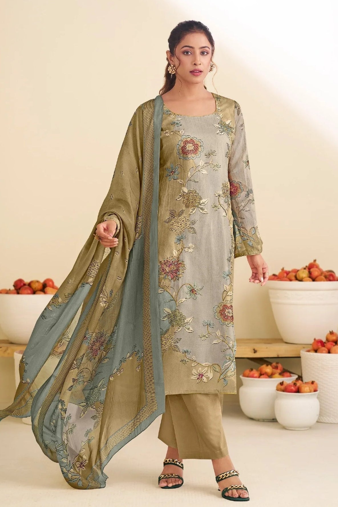Simar Taraana Sage Green Floral Silk Salwar Suit Set With Printed Dupatta