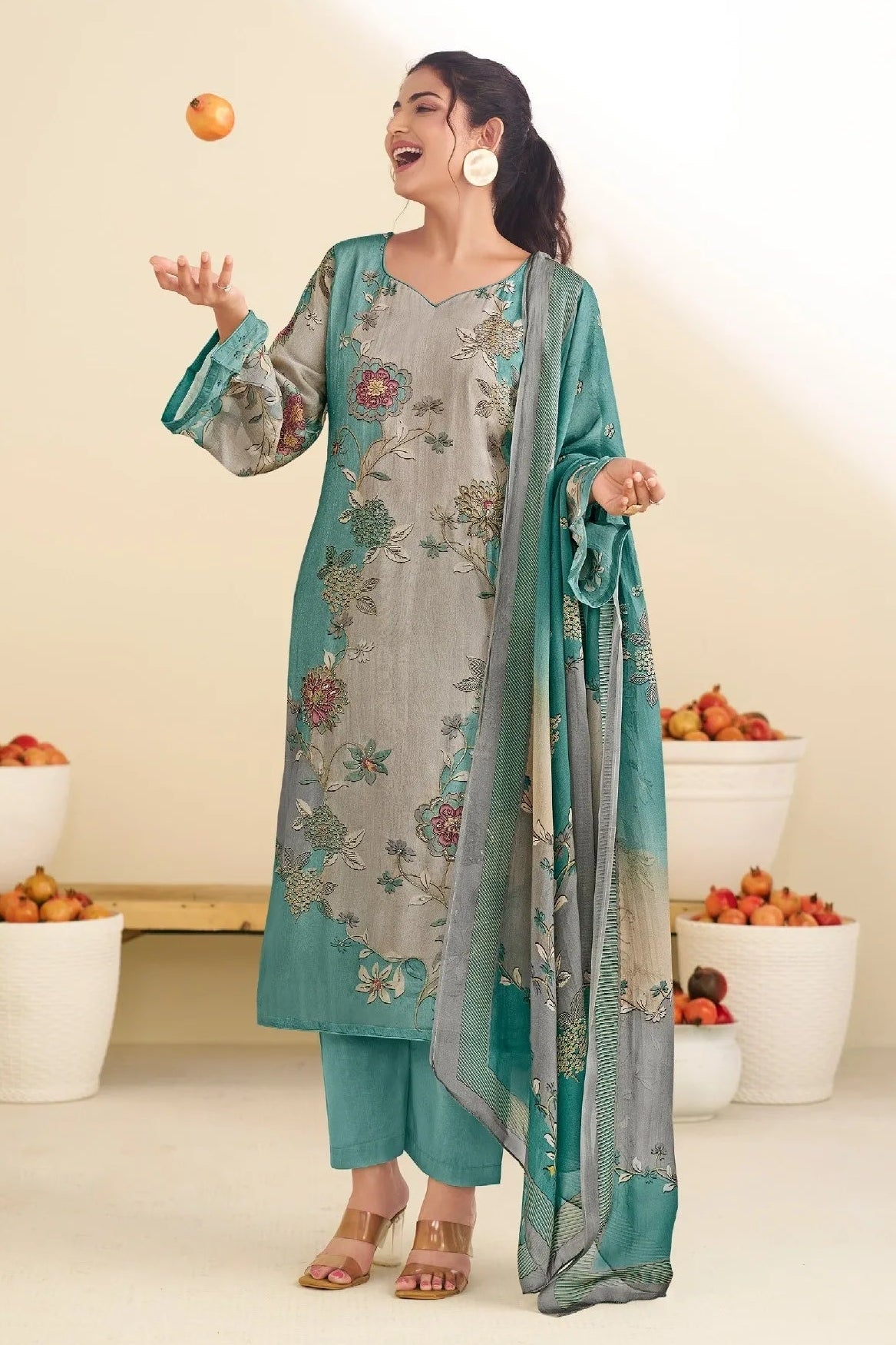 Aqua Blue Floral Silk Salwar Suit Set With Printed Dupatta