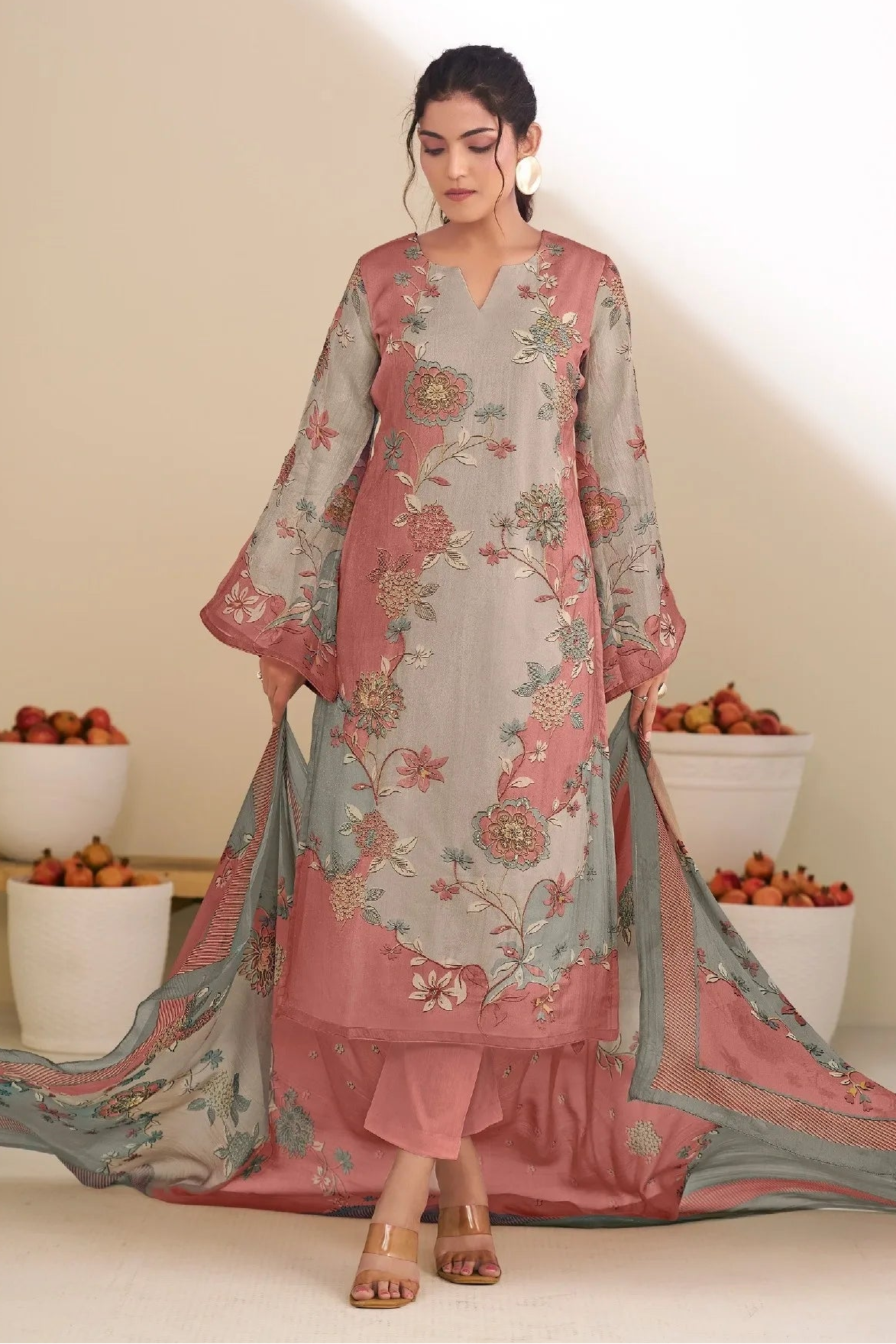 Simar Taraana Rose Pink Floral Silk Salwar Suit Set With Printed Dupatta