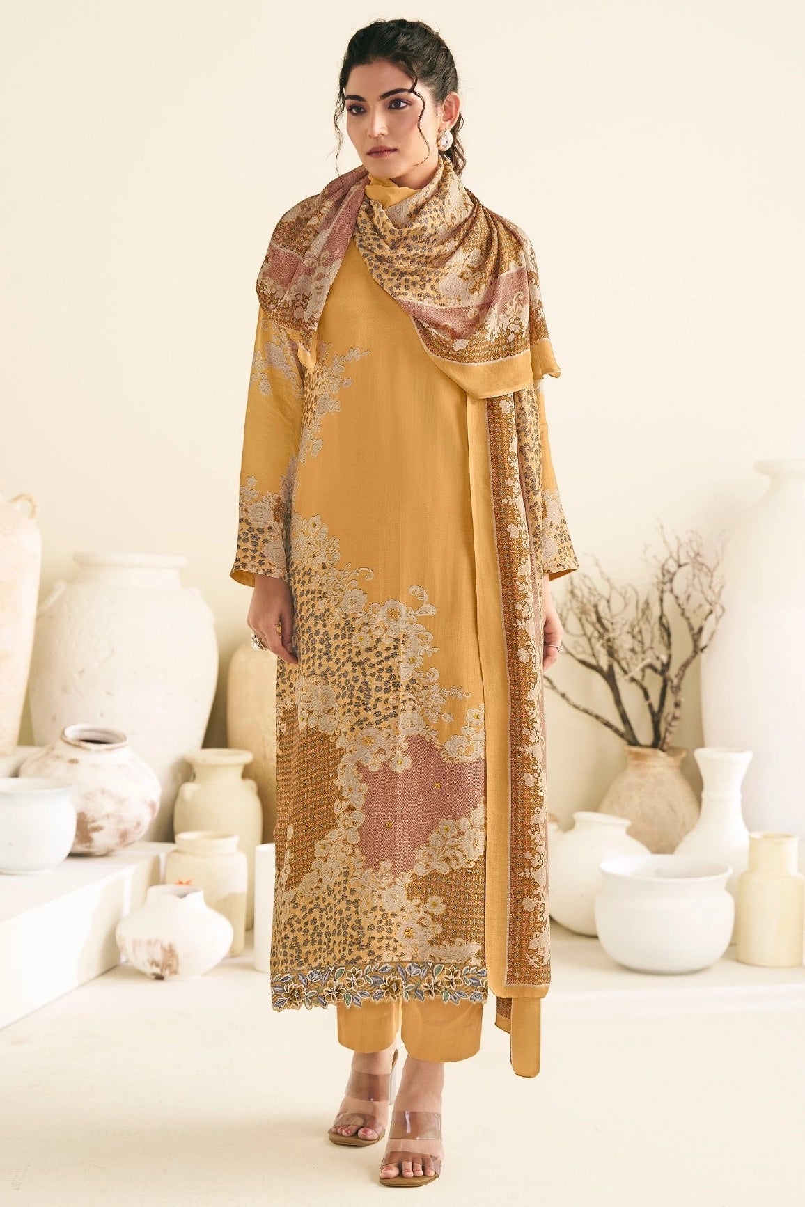 Simar Revaa Mustard Yellow Pure Viscose Muslin Salwar Kameez Set With Digital Print Dupatta