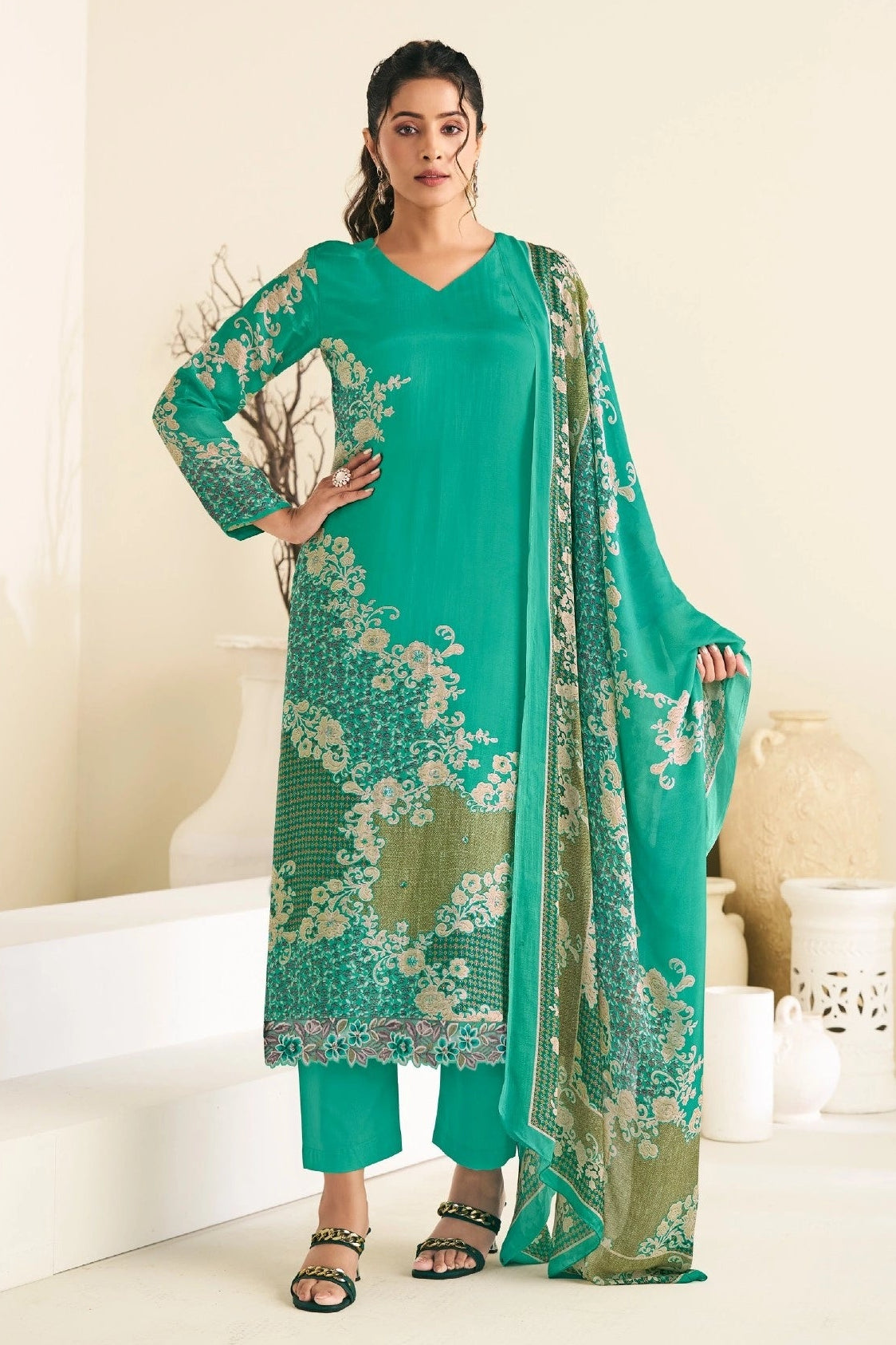 Simar Revaa Teal Green Salwar Kameez Set With Embroidery Work & Printed Dupatta