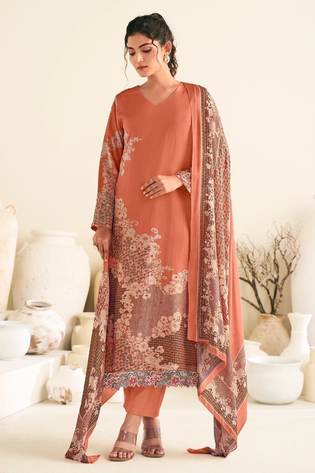 Simar Revaa Peach Digital Print Salwar Kameez Set With Embroidery Work & Printed Dupatta