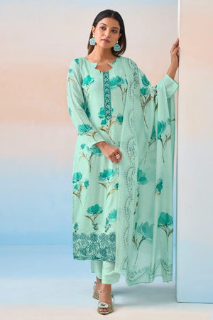 Mint Blossom Simar Saaras Embroidery Printed Muslin Suit Set With Dupatta