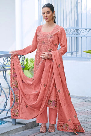 Simar Luxe Peach Pink Embroidered Organza Salwar Kameez Set with Designer Dupatta