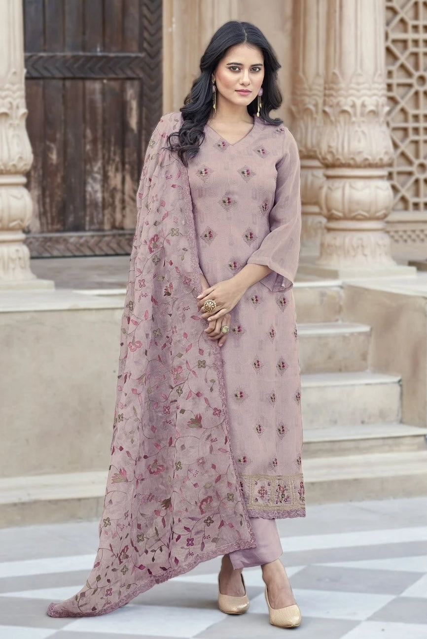 Simar Siya Blush Pink Embroidered Organza Suit Set with Floral Dupatta