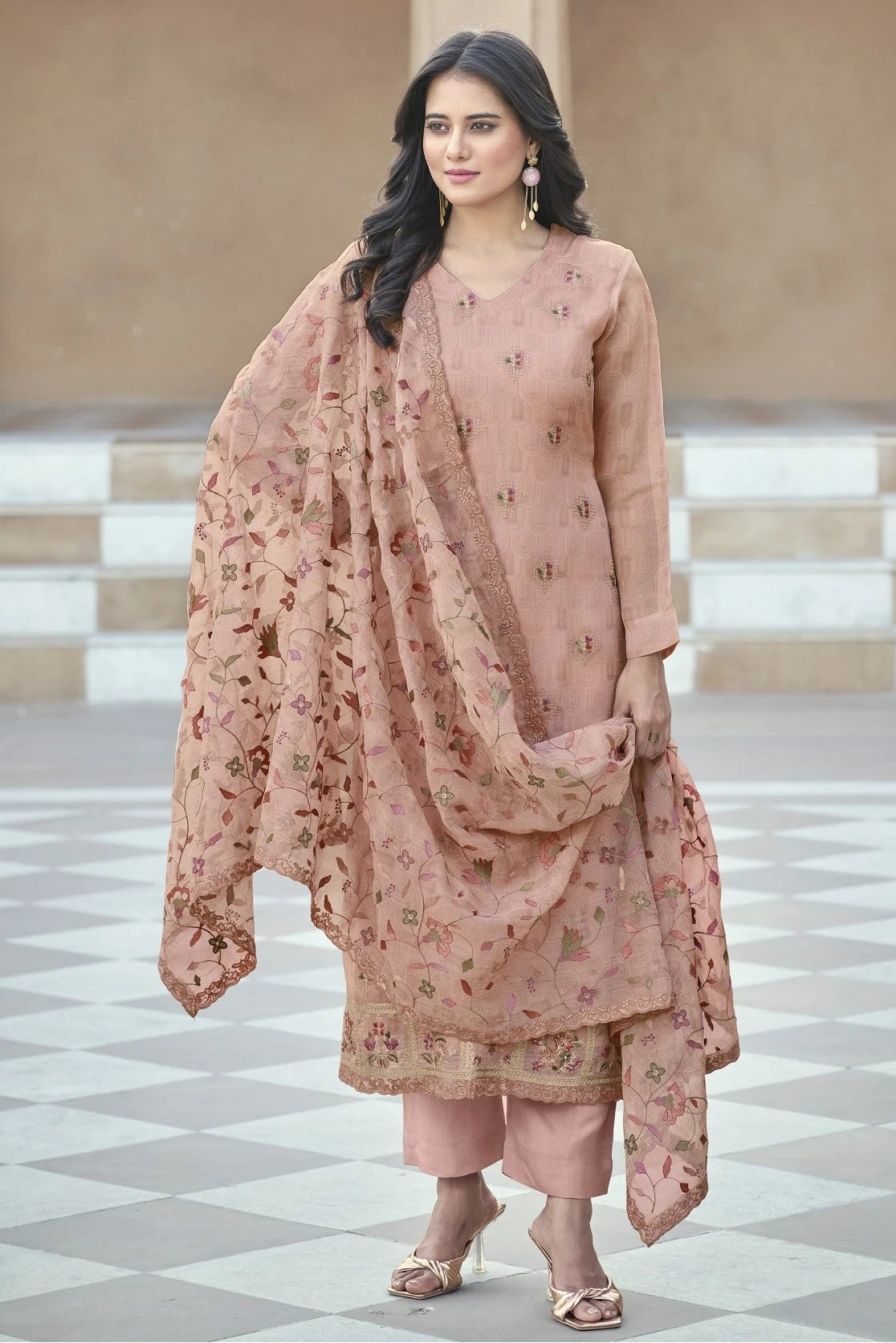 Peach Pink Embroidered Organza Suit Set with Floral Dupatta