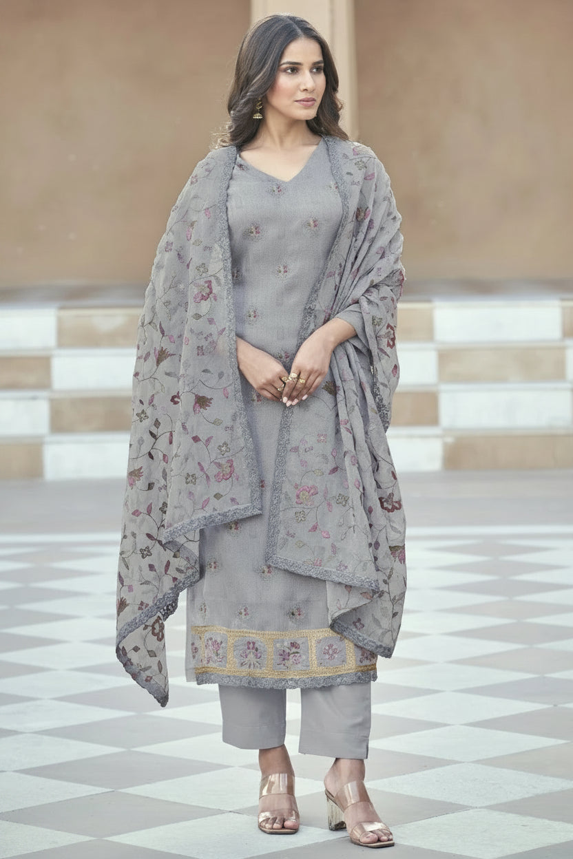 Simar Siya Grey Embroidered Organza Suit Set with Floral Dupatta