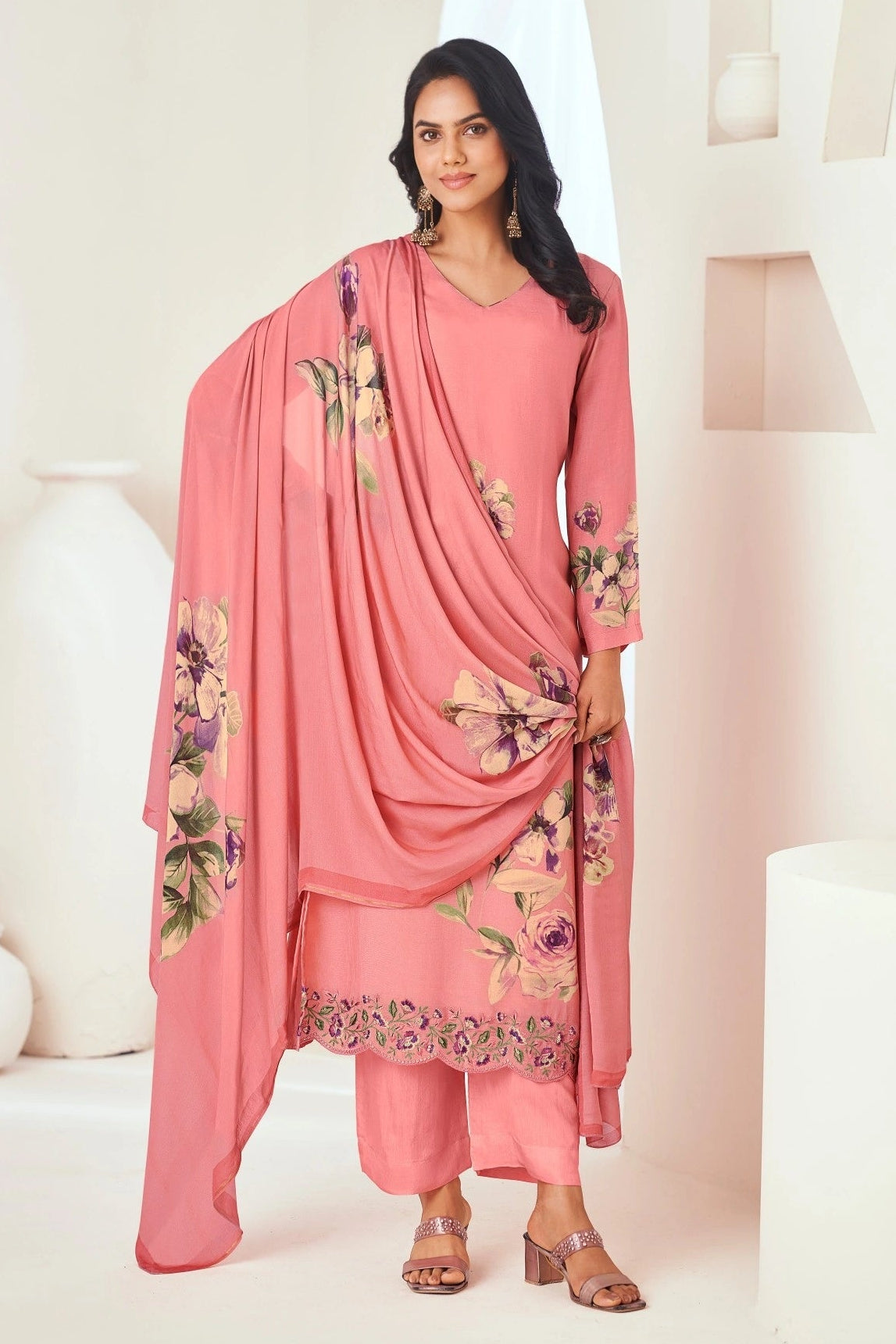 Garima Pink Digital Print Suit Set With Embroidery Work & Swarovski Detailing