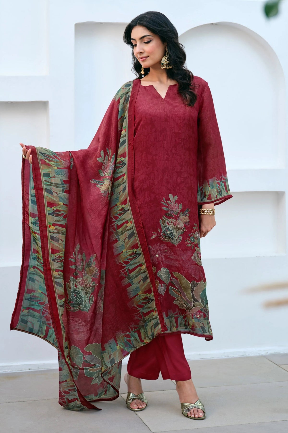 Simar Luvika Wine Red Floral Printed Salwar Suit Set With Dupatta