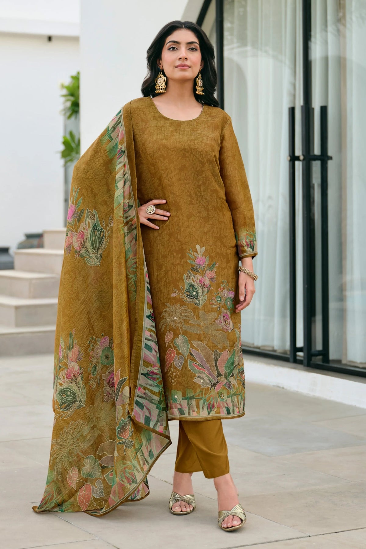 Simar Luvika Olive Brown Floral Printed Salwar Suit Set With Dupatta