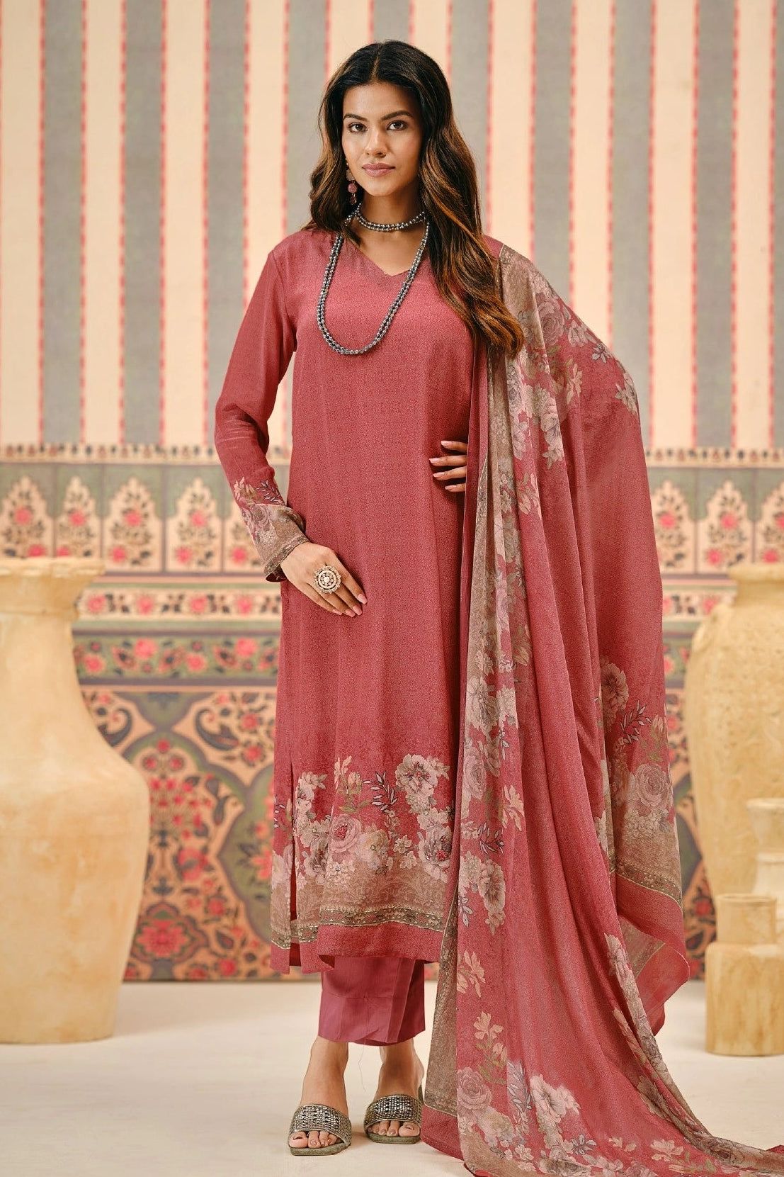 Dusty Rose Pink Crepe Digital Print Salwar Kameez Set With Chinon Dupatta