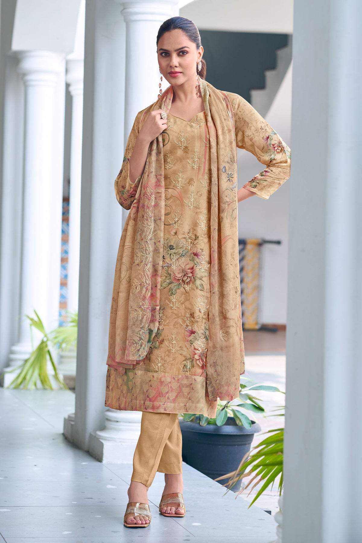 Cream Pure Viscose Organza Embroidery Work Salwar Suit