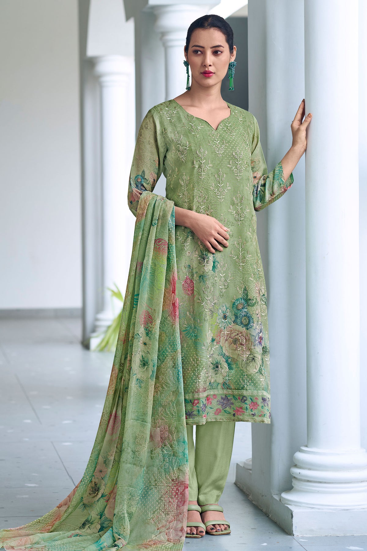 Sea Green Pure Viscose Organza Embroidery Work Suit
