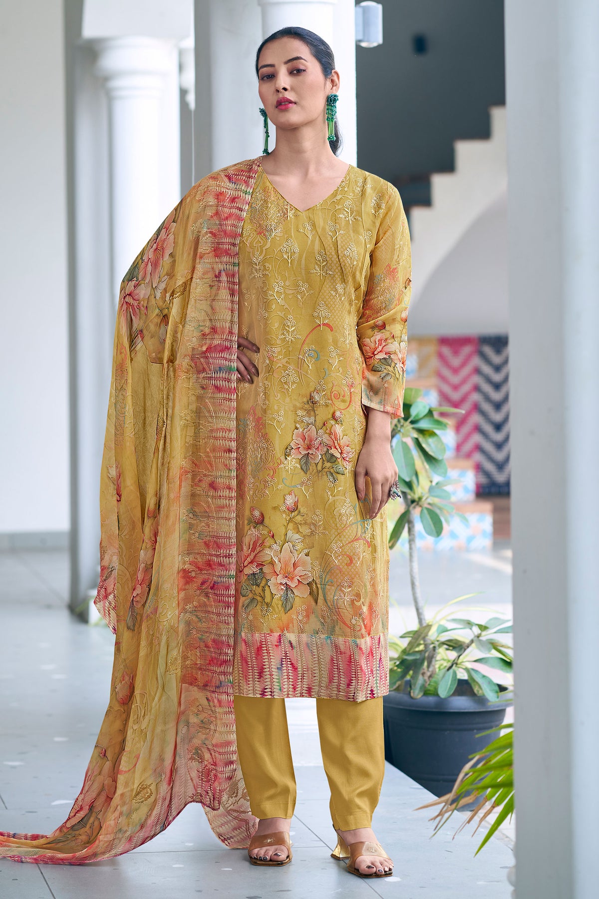 Yellow Pure Viscose Organza Embroidery Work Dress