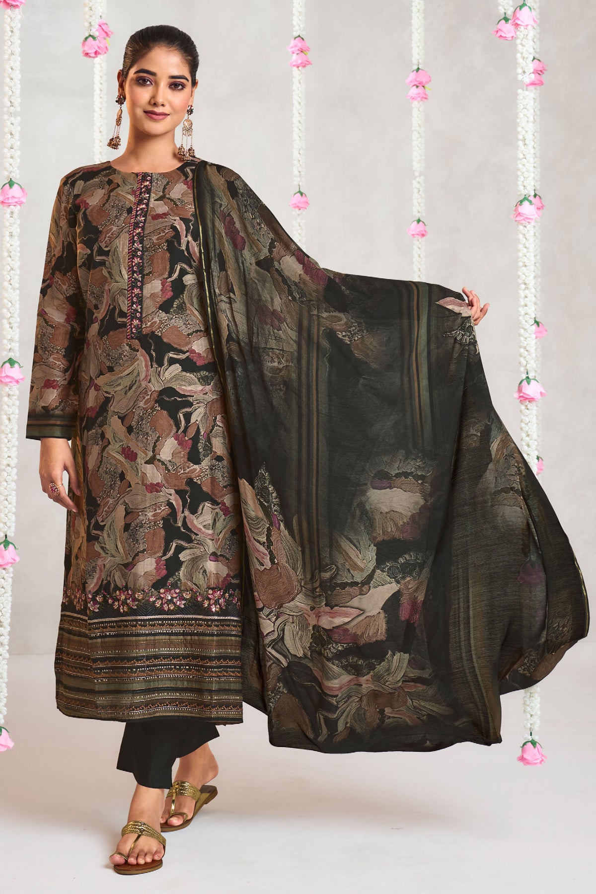 Black Jam Satin Digital Print Salwar Suit