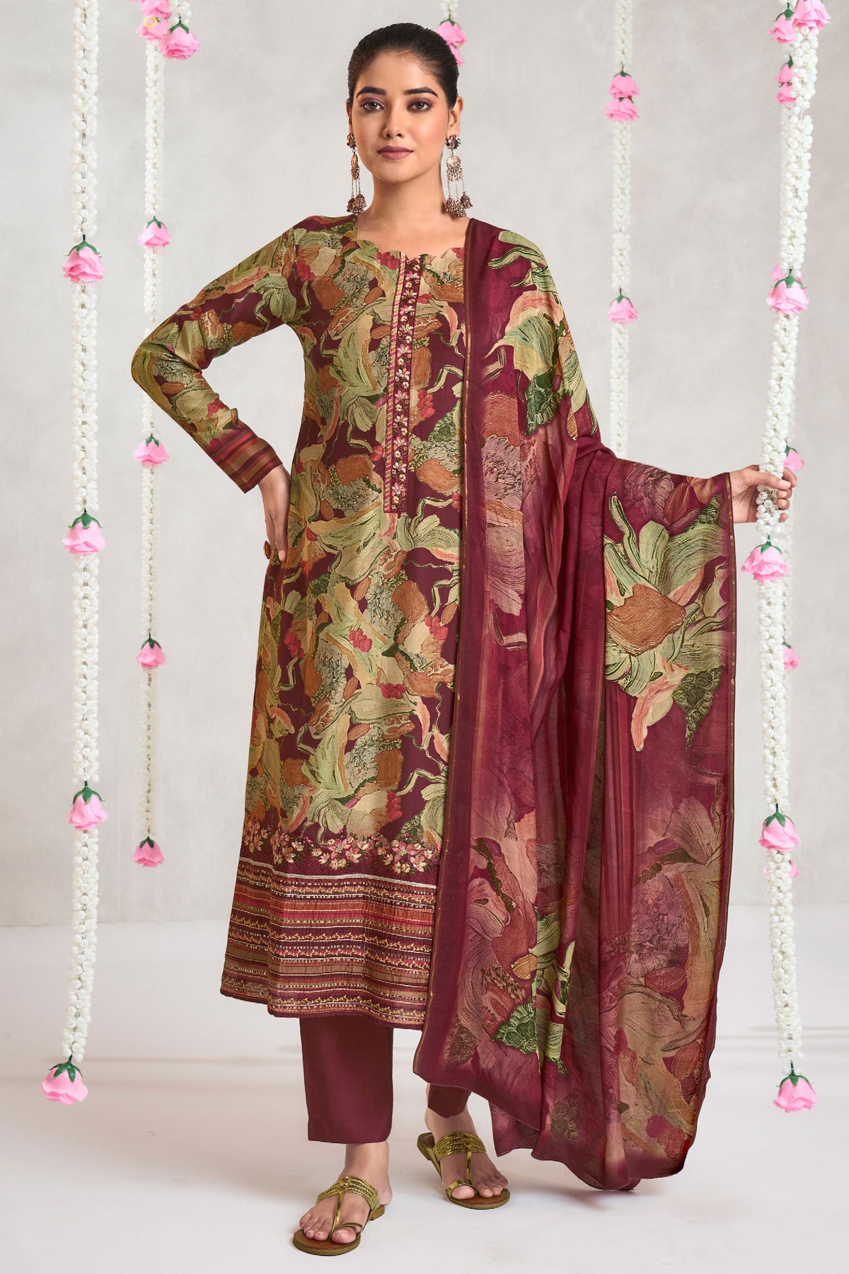 Maroon Jam Satin Digital Print Suit