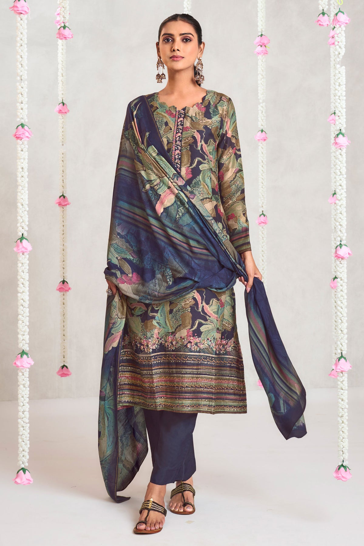 Navy Blue Jam Satin Digital Print Dress