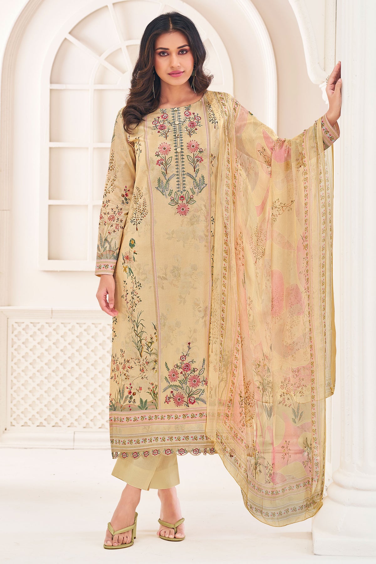 Pure Lawn Cotton Digital Print Long Straight Cut Salwar Suit In Cream Color