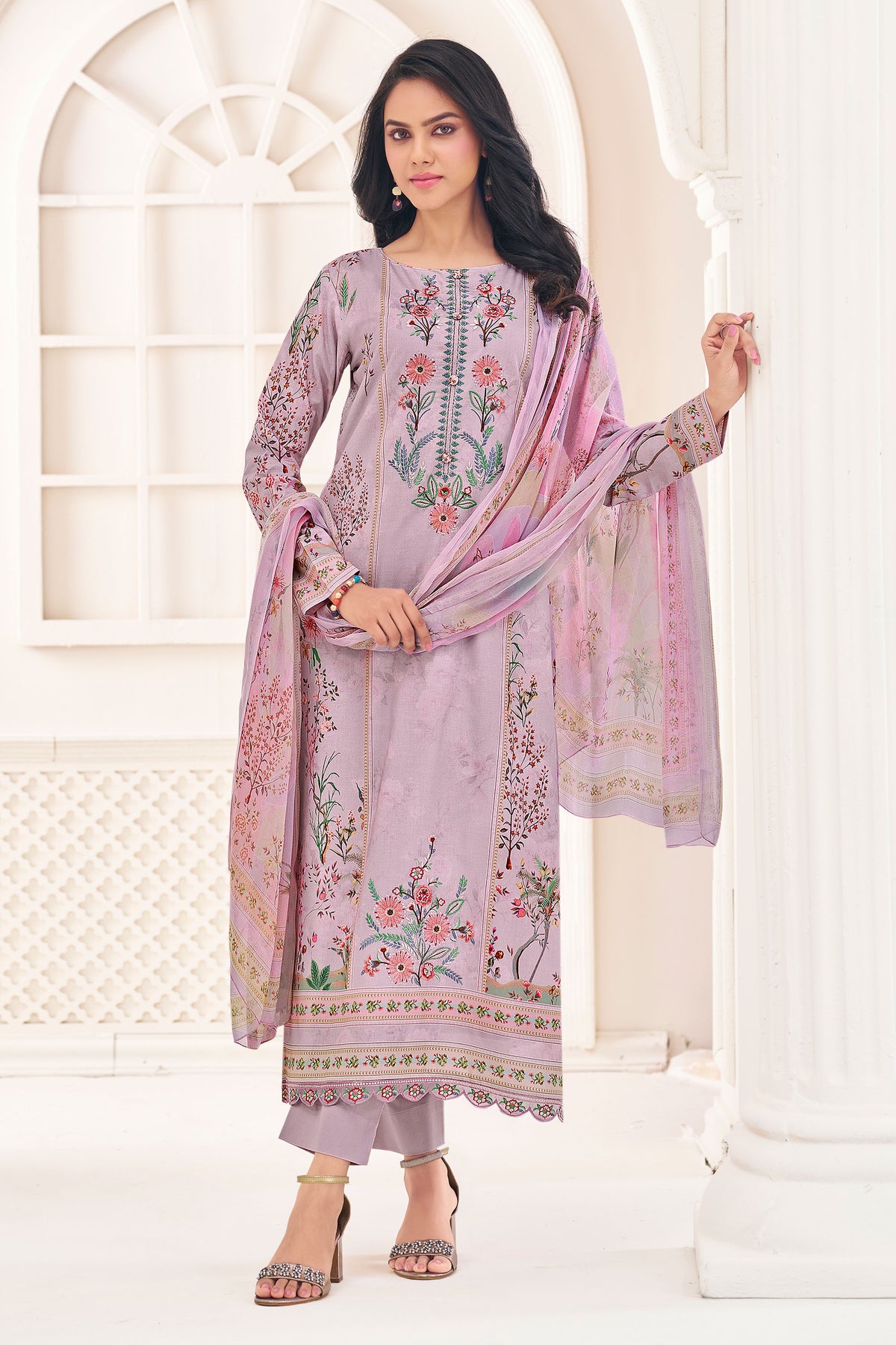 Lavender Pure Lawn Cotton Digital Print Long Straight Cut Suit