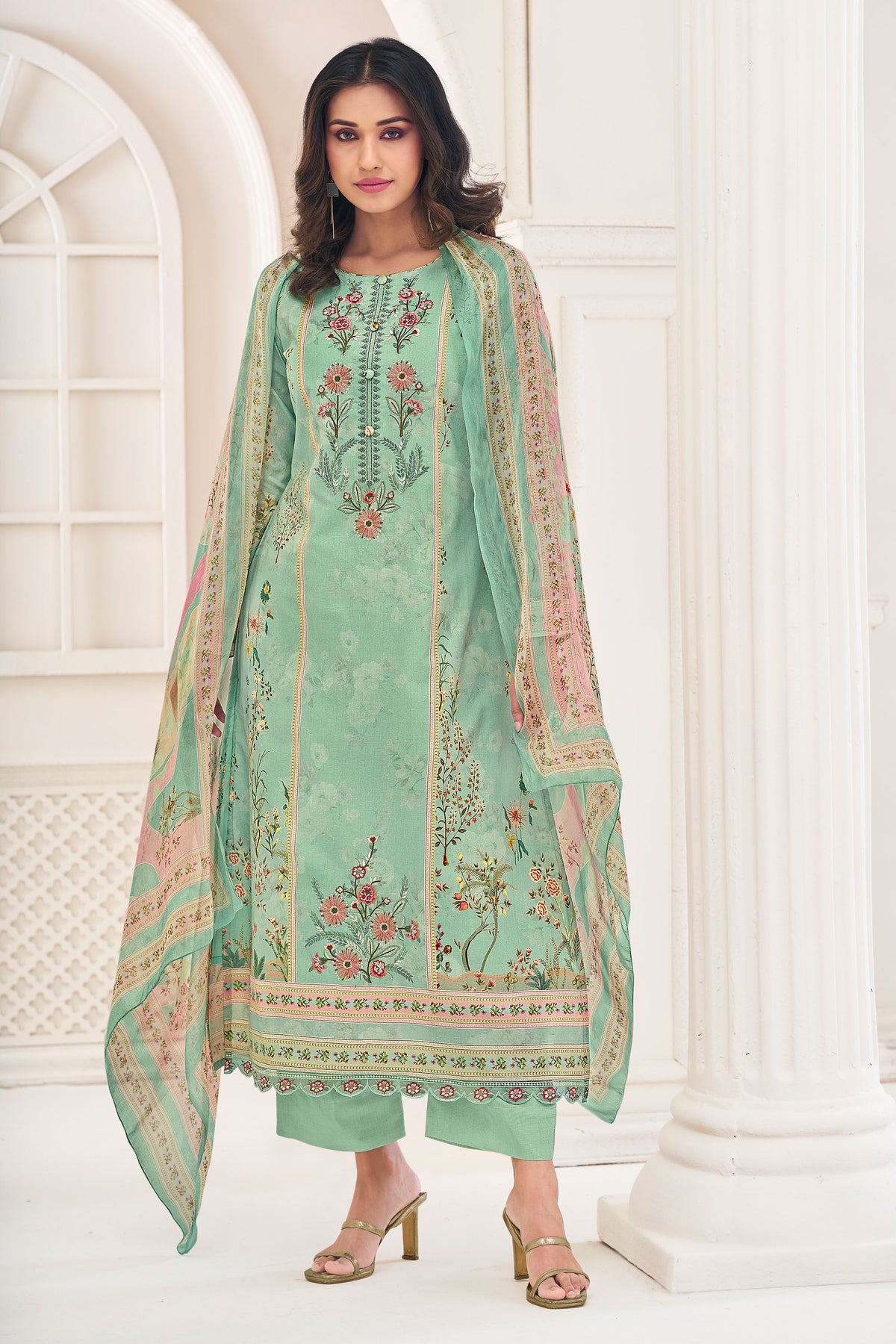 Sea Green Pure Lawn Cotton Digital Print Long Straight Cut Dress