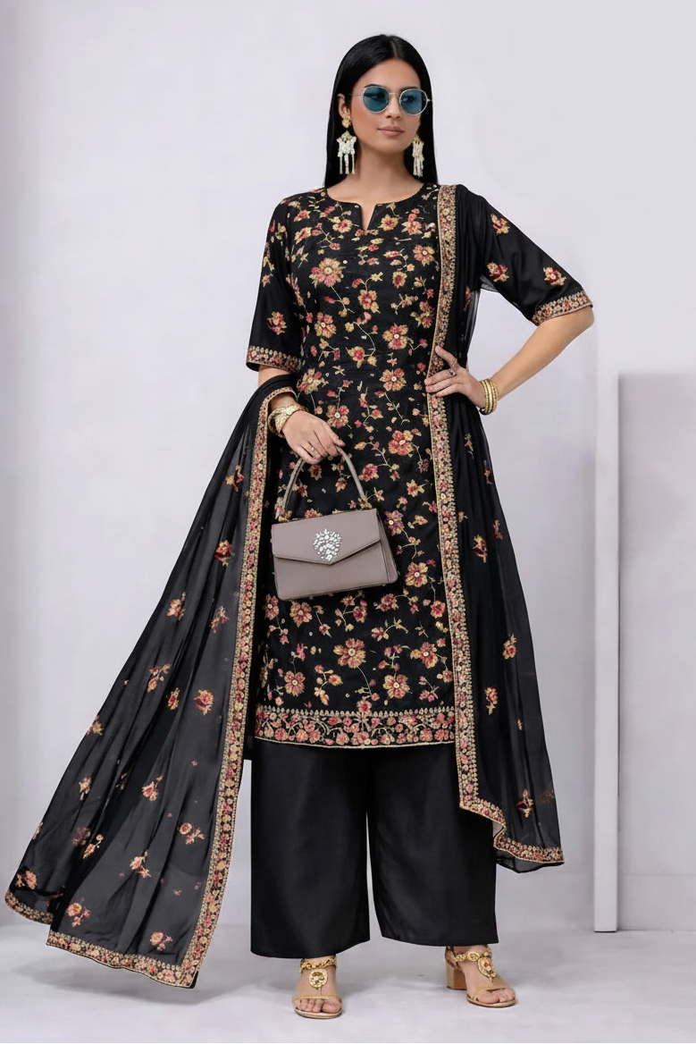 Woman wearing a black floral outfit with a matching dupatta, holding a handbag against a white background.