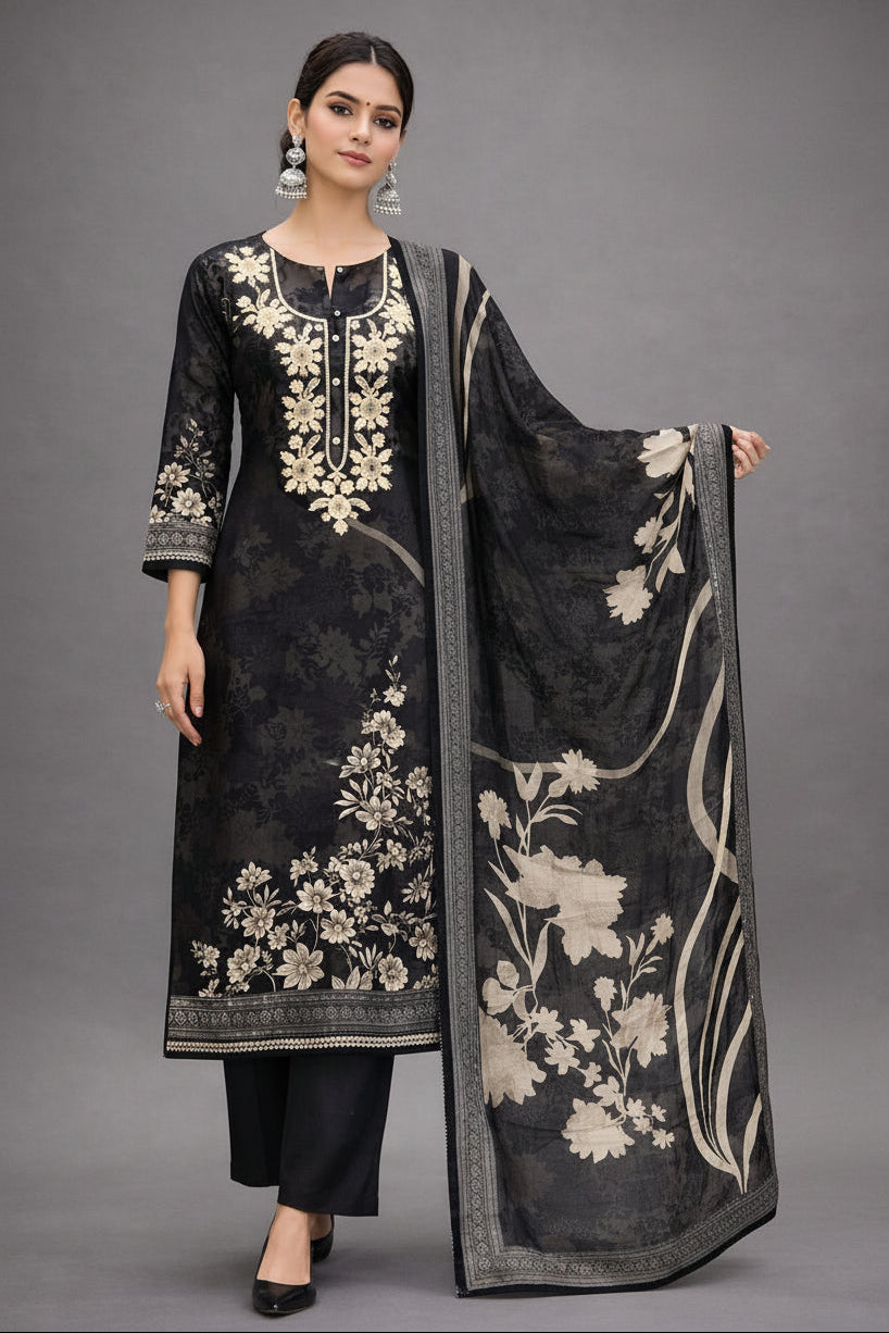 Simar Black Digital Print Embroidered Salwar Kameez Set With Embroidered Dupatta