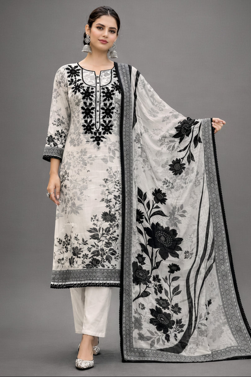 Simar White Digital Print Embroidery Salwar Kameez Set With Black Floral Embroidery Dupatta