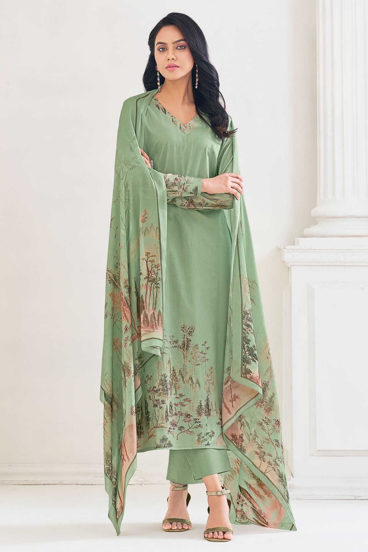 Pure Lawn Cotton Sea Green Digital Print Straight Cut Salwar Suit