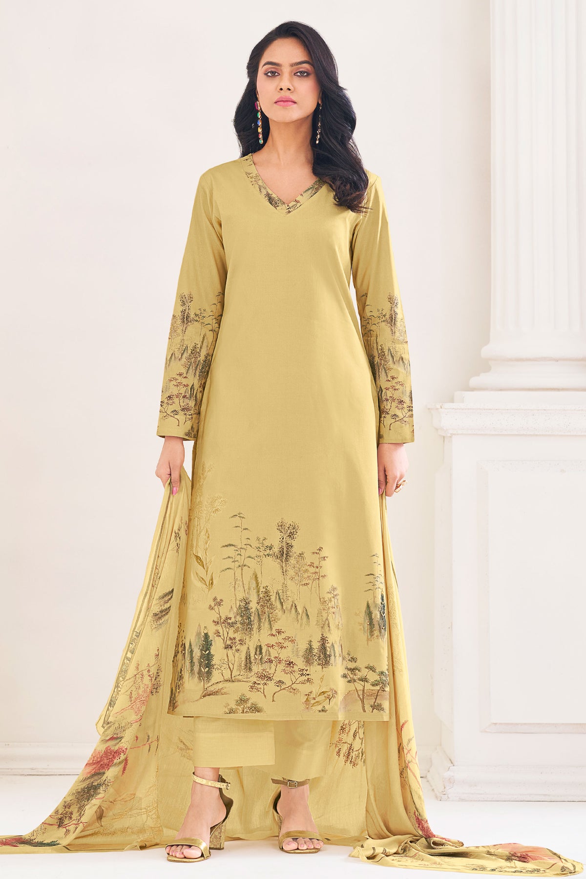 Pure Lawn Cotton Digital Print Cream Straight Cut Suit