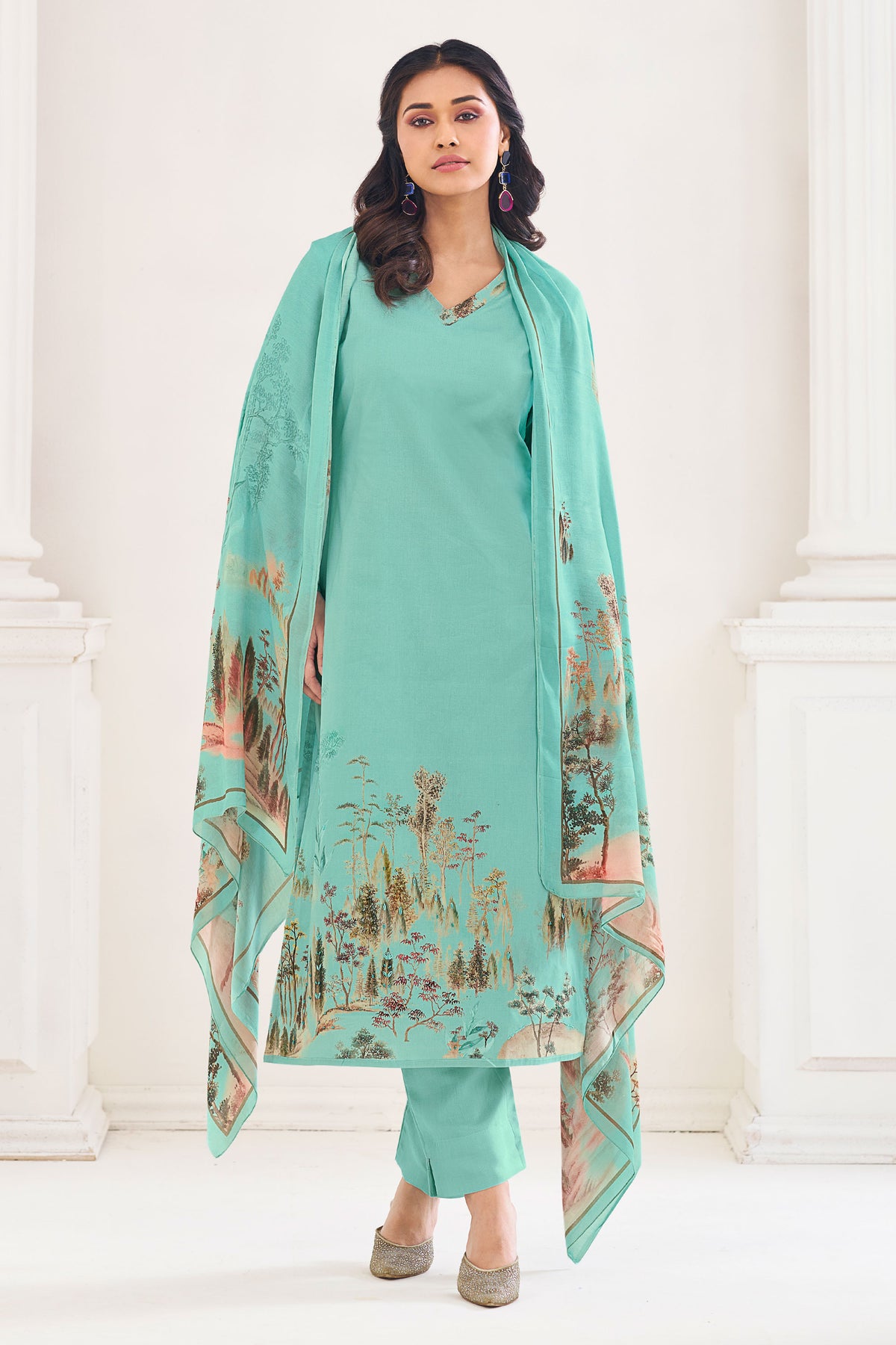 Pure Lawn Cotton Digital Print Straight Cut Dress In Cyan Color