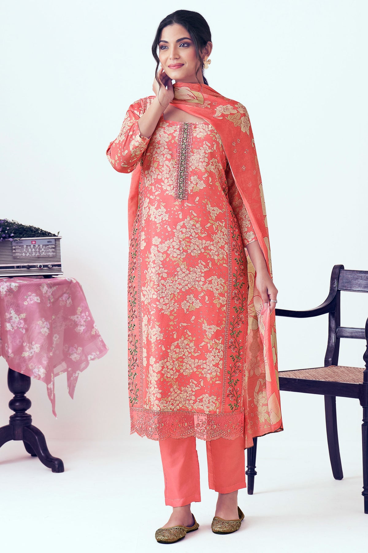 Peach Pure Viscose Muslin Digital Print Straight Cut Salwar Suit