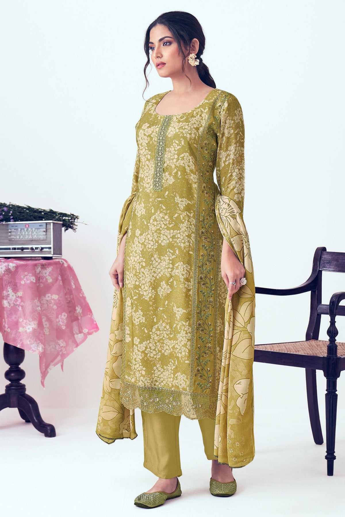 Green Pure Viscose Muslin Digital Print Straight Cut Suit
