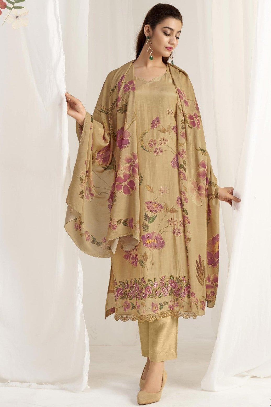 Simar Gulbahar Beige Floral Digital Print Salwar Suit with Dupatta