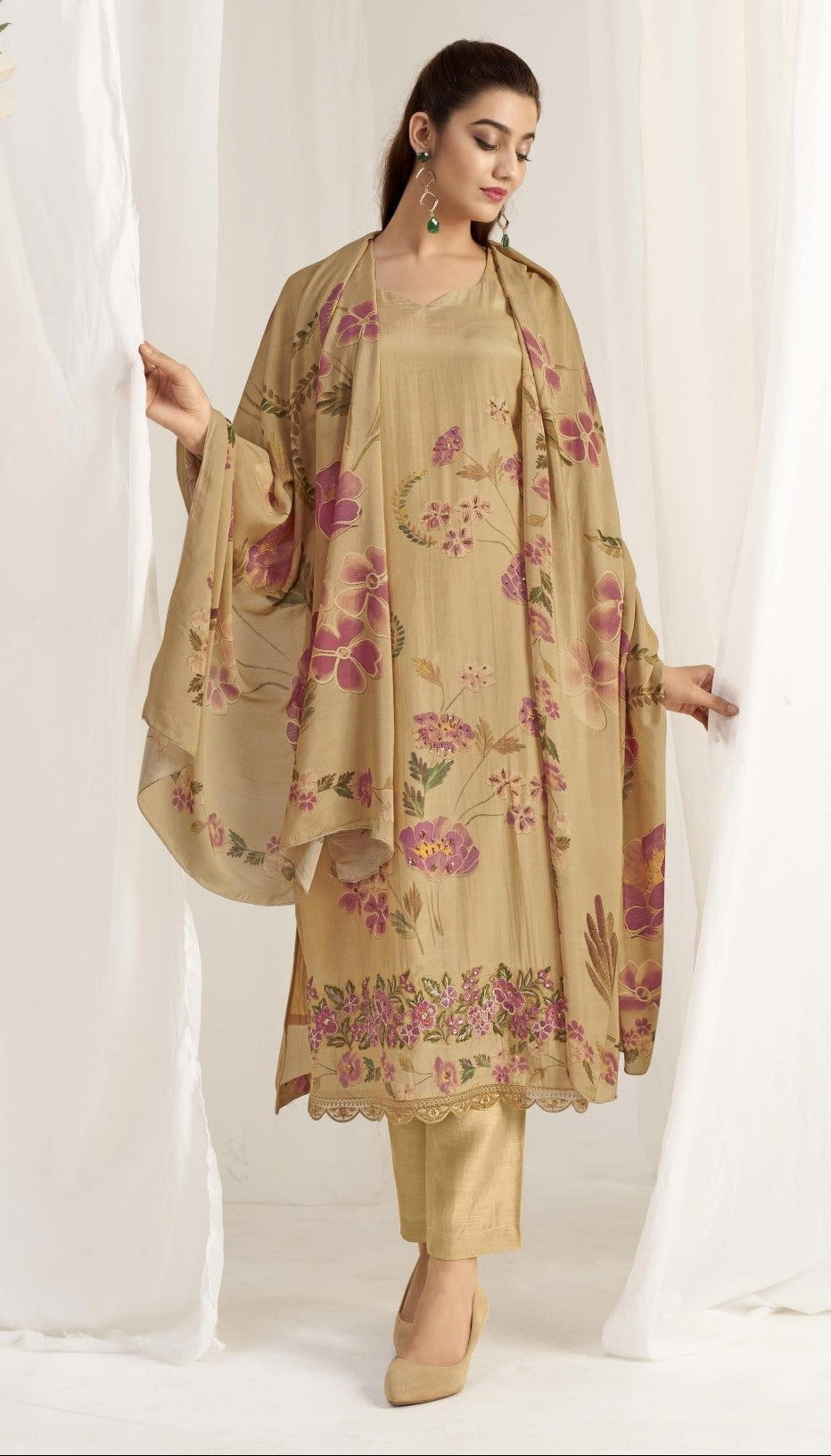 Simar Gulbahar Beige Floral Digital Print Salwar Suit with Dupatta