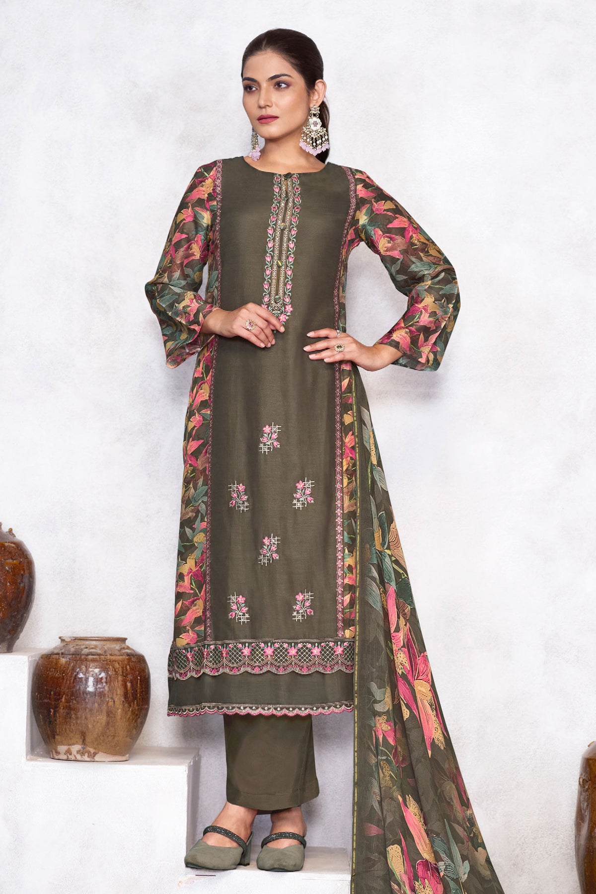 Dark Beige Pure Viscose Muslin Digital Print Long Straight Cut Salwar Suit