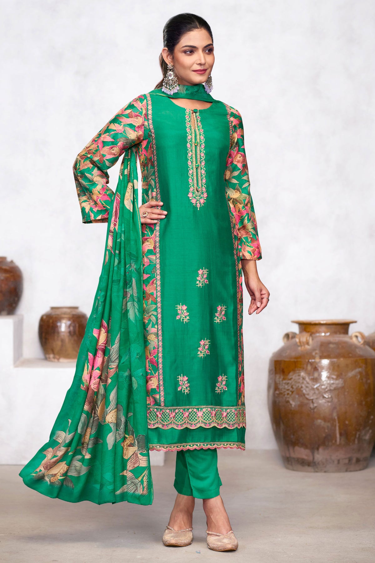 Green Pure Viscose Muslin Digital Print Long Straight Cut Suit