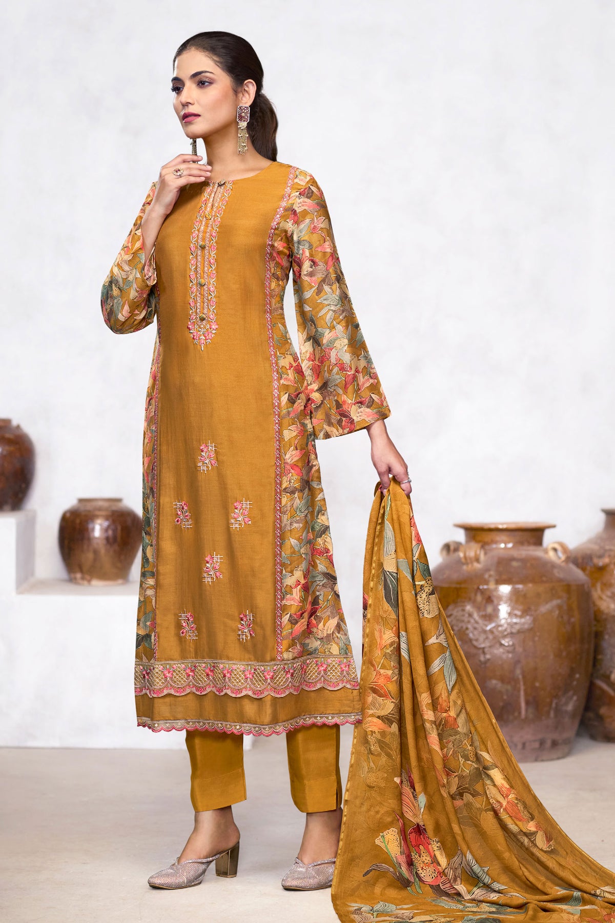 Mustard Pure Viscose Muslin Digital Print Long Straight Cut Dress