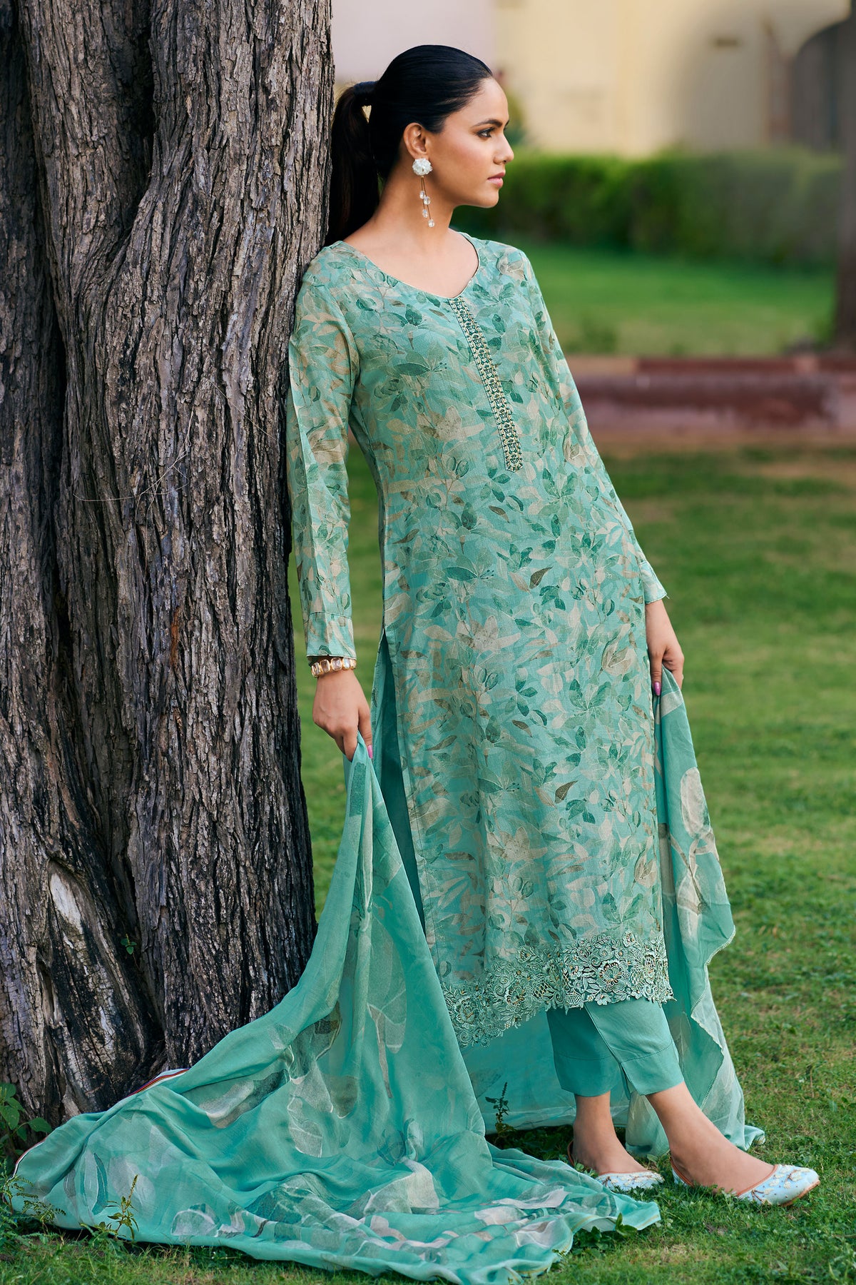 Pure Lea Silk Digital Print With Embroidery Work Long Salwar Kameez
