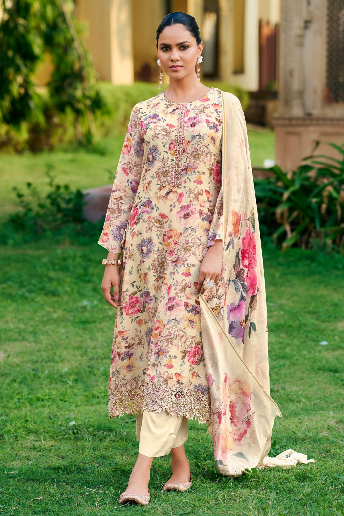 Beige Pure Lea Silk Digital Print With Embroidery Work Long Salwar Suit