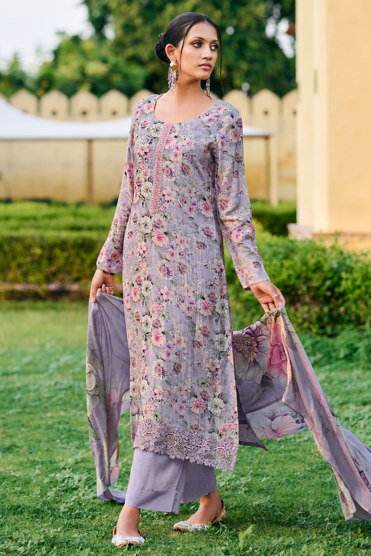 Lavender Pure Lea Silk Digital Print With Embroidery Work Long Suit