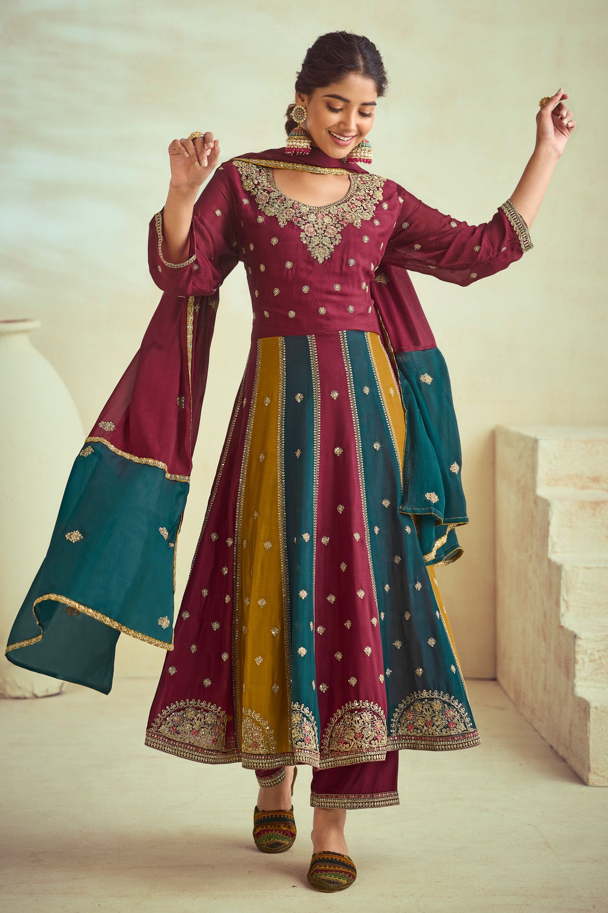 Maroon Pure Viscose Chinon Cording Work Party Wear Designer Anarkali Salwar Kameez