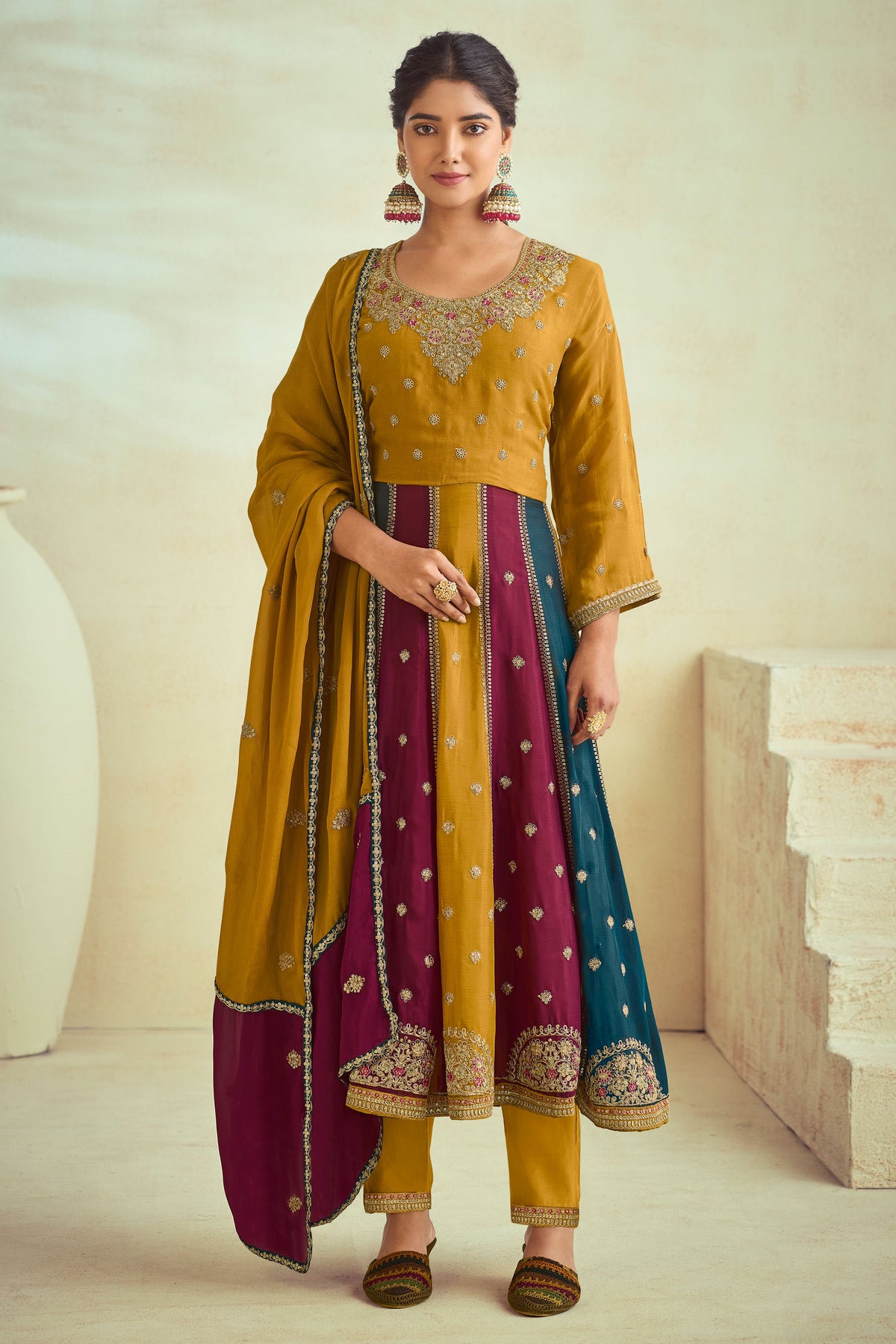 Mustard Pure Viscose Chinon Cording Work Party Wear Designer Anarkali Salwar Suit